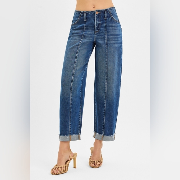 Risen HR Dark Wash Barrel Jeans Front Pintuck Seam Cuffed Raw Hem Various NEW - Picture 6 of 6